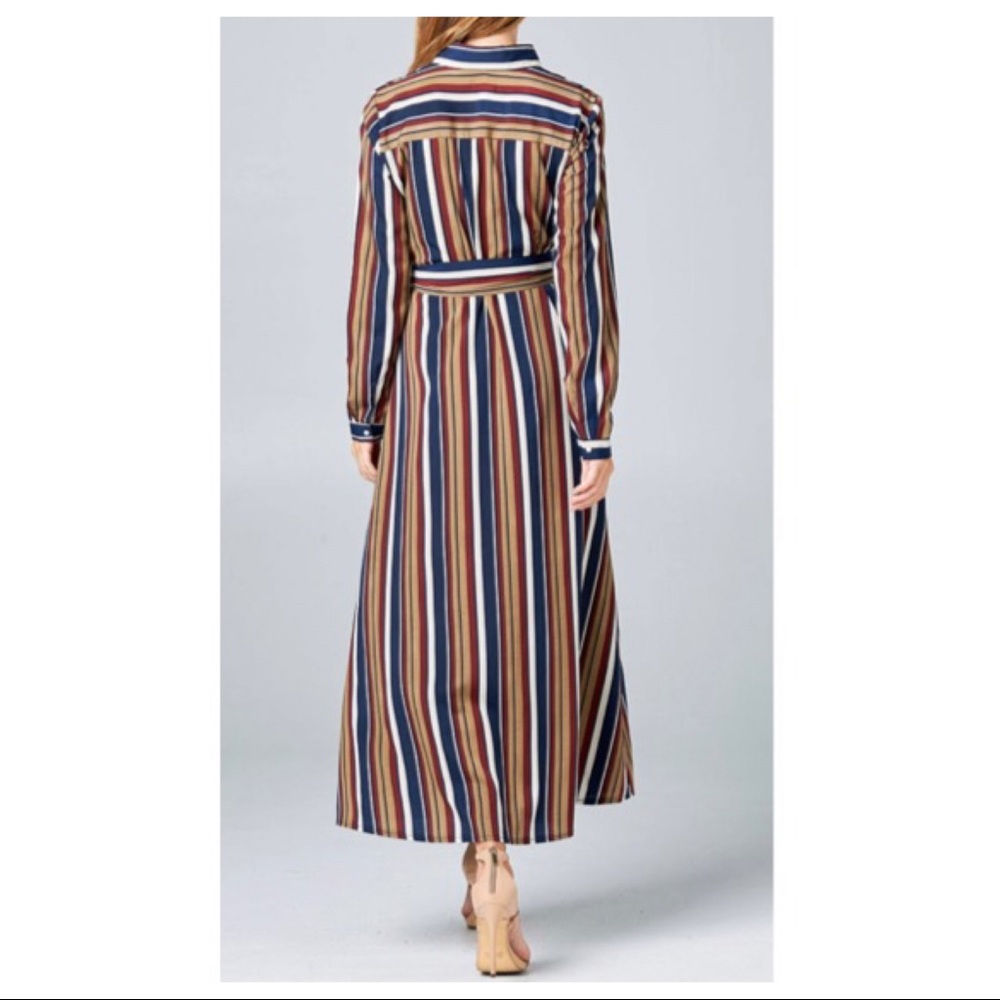 BOHO CHIC LONG STRIPED BELTED SHIRT DRESS - Picture 6 of 7